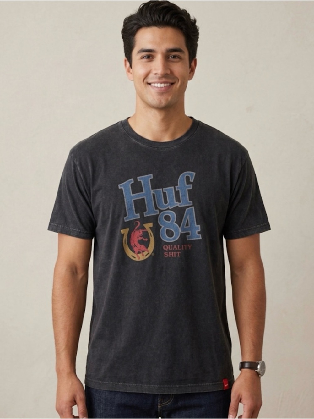 HUF Gray Logo Graphic Tee - Streetwear Skate Style Size L